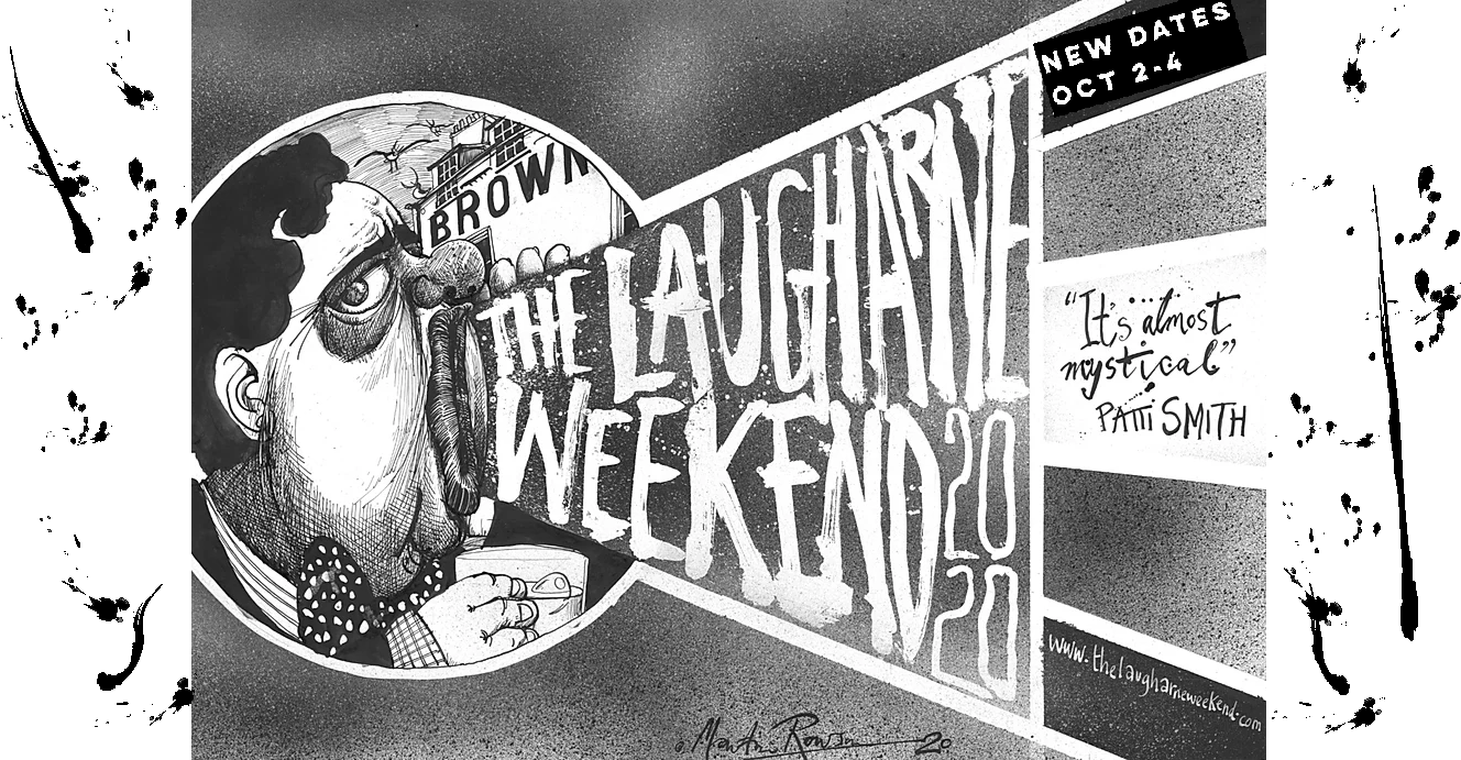 Pen and ink drawing by Martin Rowson for Laugharn 2020