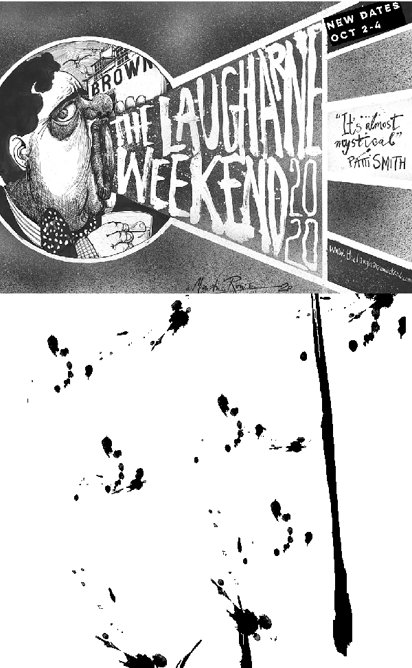 Pen and ink drawing by Martin Rowson for Laugharn 2020